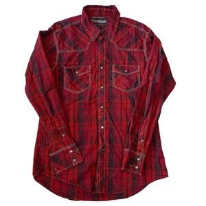 Rock & Roll Cowboy Men Medium Western Shirt Raed Plaid Pearl Snap Long Sleeve